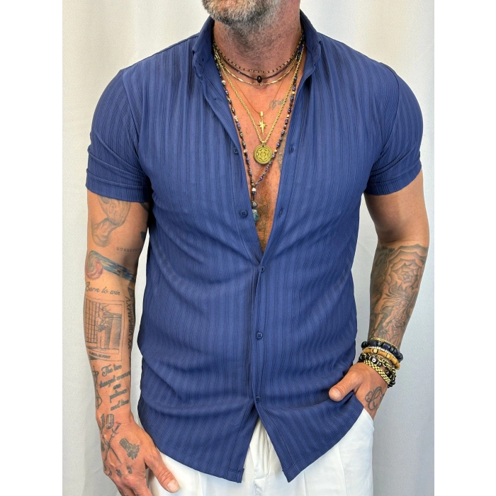 Pamuk Viskon Likralı Kendinden Çizgili Gömlek Lacivert