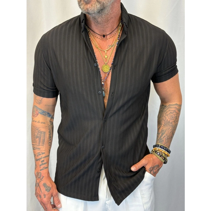 Pamuk Viskon Likralı Kendinden Çizgili Gömlek Siyah