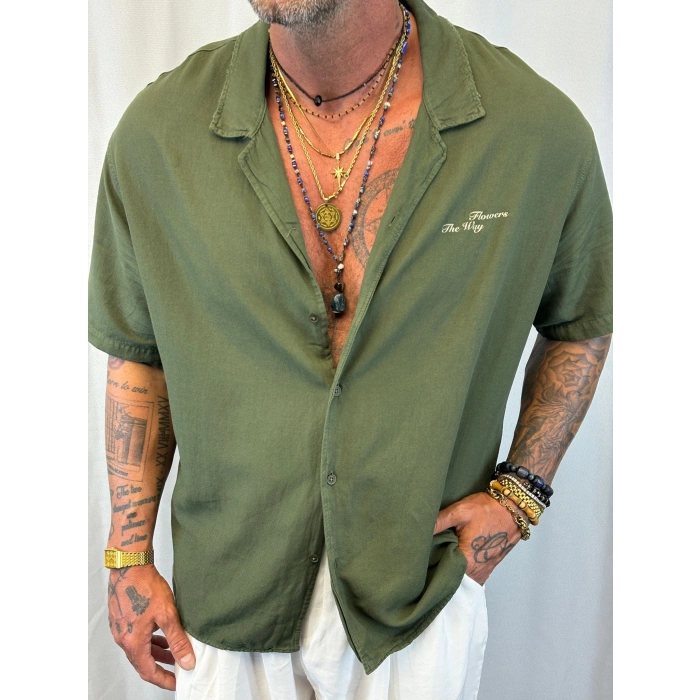 Pamuk Yıkamalı Baskılı Gömlek Haki