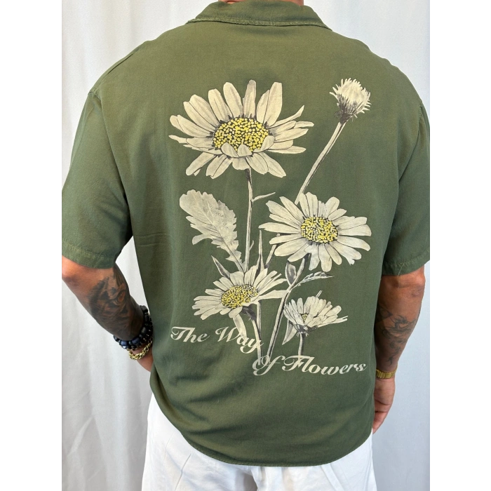 Pamuk Yıkamalı Baskılı Gömlek Haki