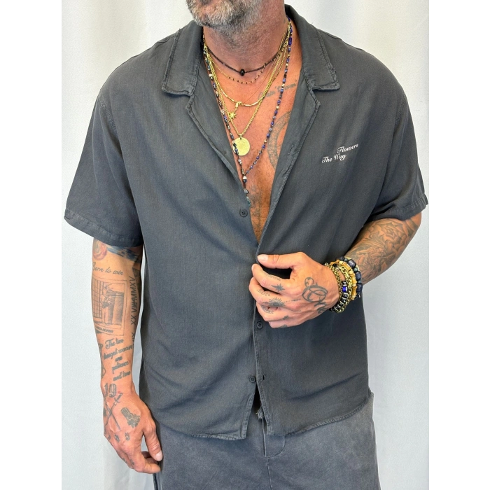 Pamuk Yıkamalı Baskılı Gömlek Siyah