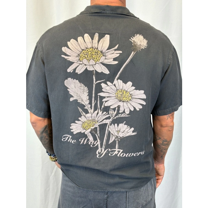 Pamuk Yıkamalı Baskılı Gömlek Siyah