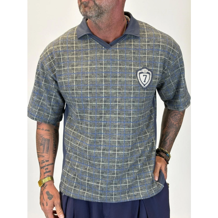 Plaid 7 V Yaka T-shirt Gri Desenli