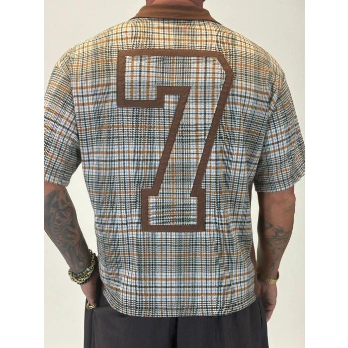 Plaid 7 V Yaka T-shirt Kahverengi Desenli