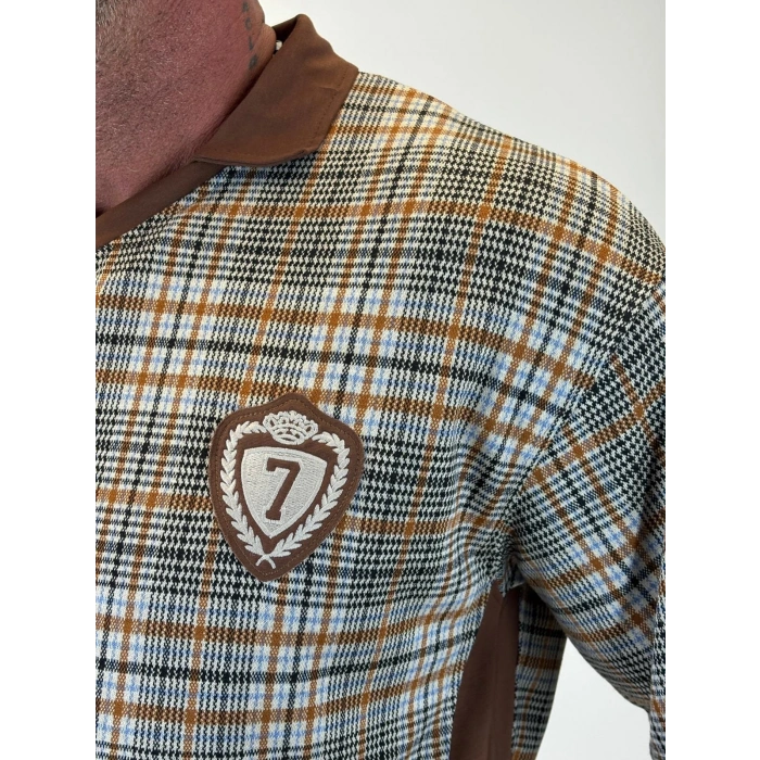 Plaid 7 V Yaka T-shirt Kahverengi Desenli