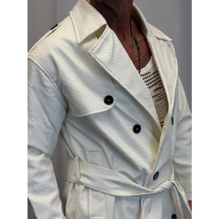 Pu Desenli Deri Trenchcoat Beyaz