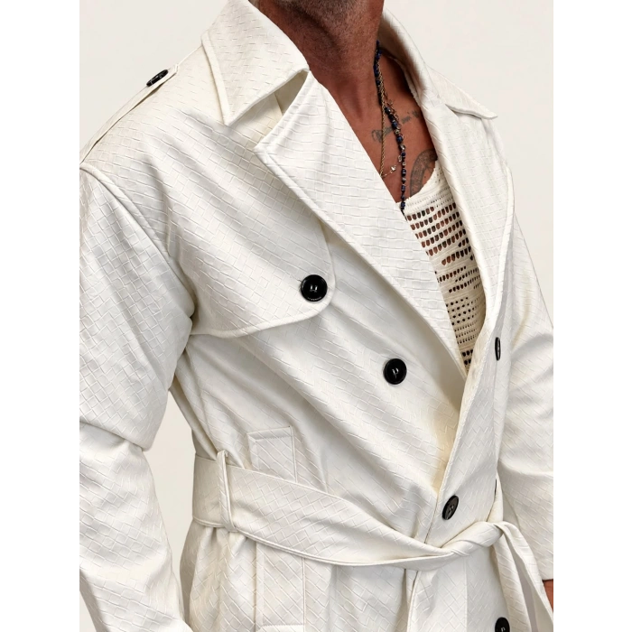 Pu Desenli Deri Trenchcoat Beyaz