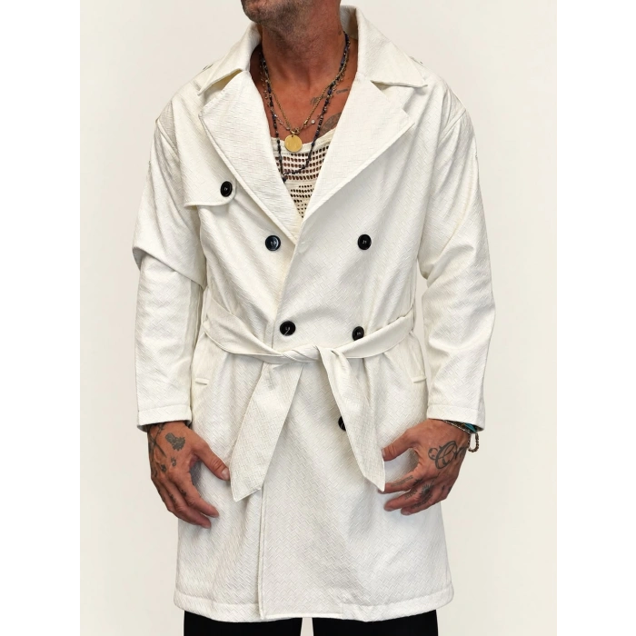 Pu Desenli Deri Trenchcoat Beyaz