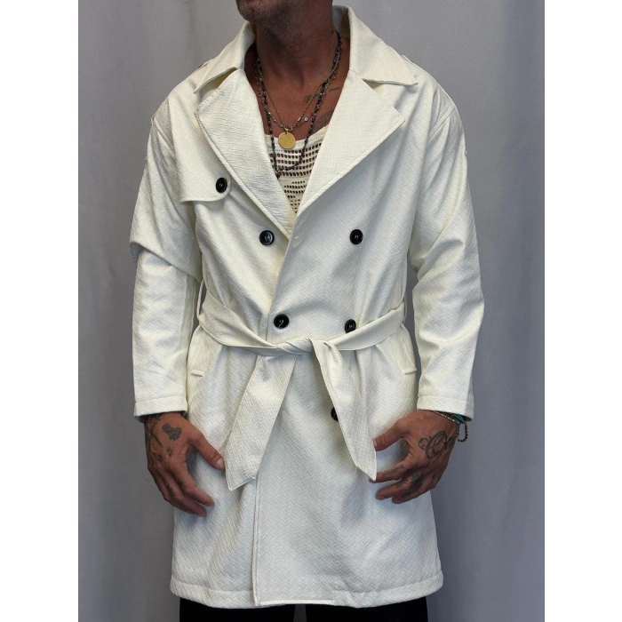 Pu Desenli Deri Trenchcoat Beyaz
