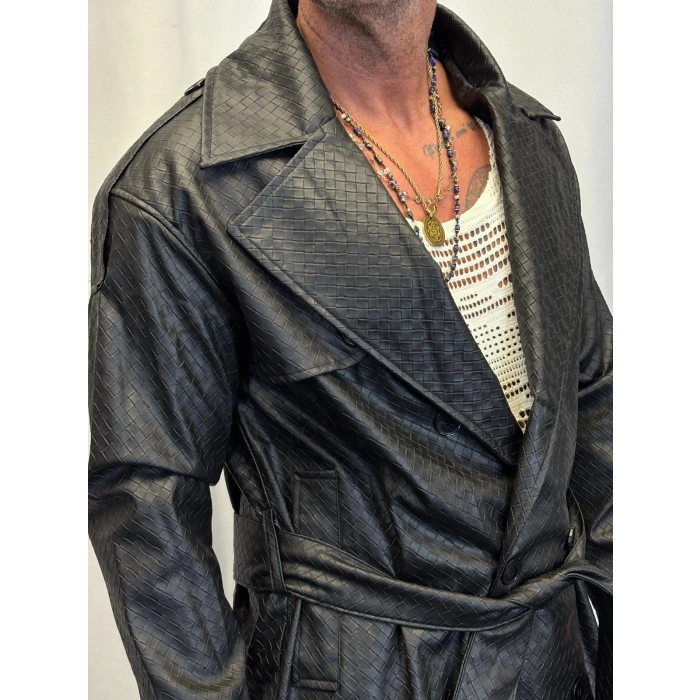 Pu Desenli Deri Trenchcoat Siyah