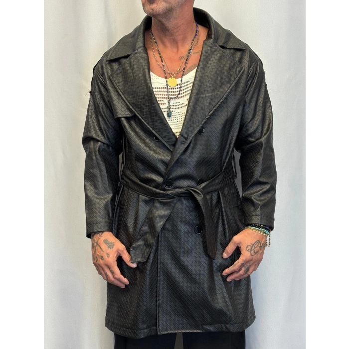 Pu Desenli Deri Trenchcoat Siyah