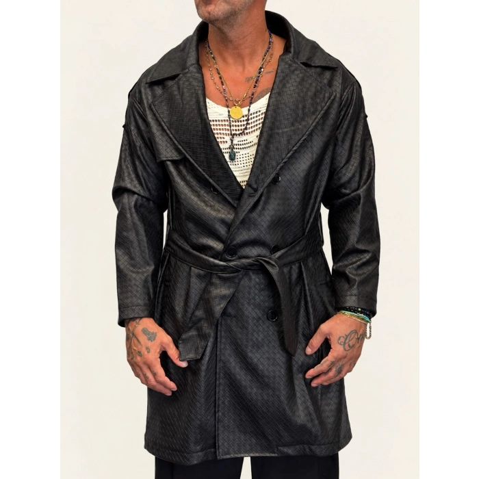 Pu Desenli Deri Trenchcoat Siyah