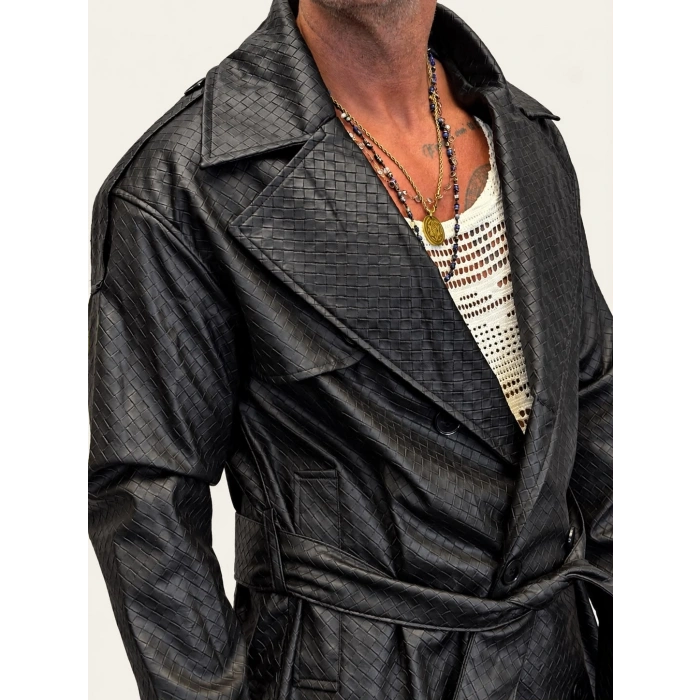 Pu Desenli Deri Trenchcoat Siyah