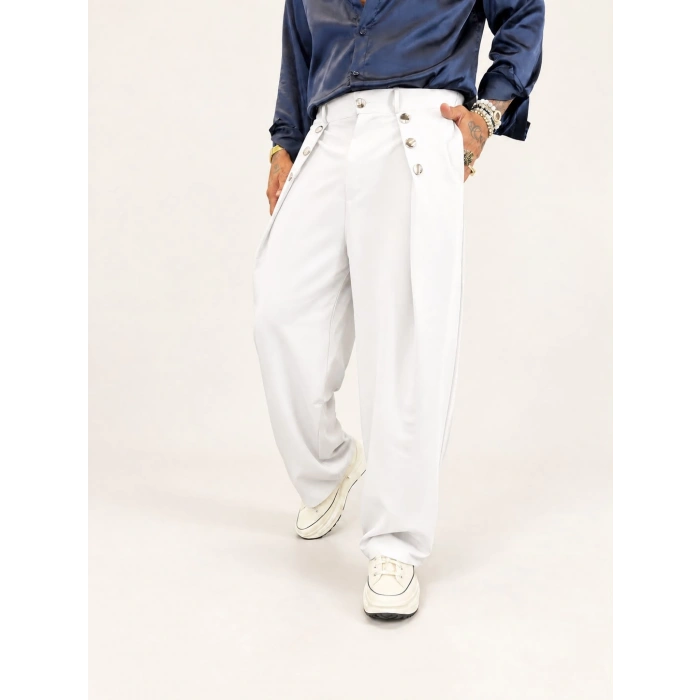 Rose Button Wide Leg Pileli Pantolon Beyaz