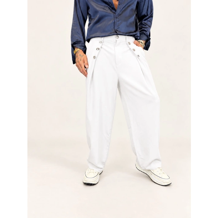 Rose Button Wide Leg Pileli Pantolon Beyaz