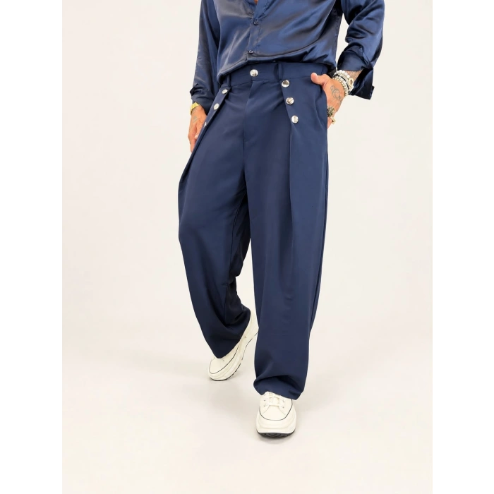 Rose Button Wide Leg Pileli Pantolon Lacivert