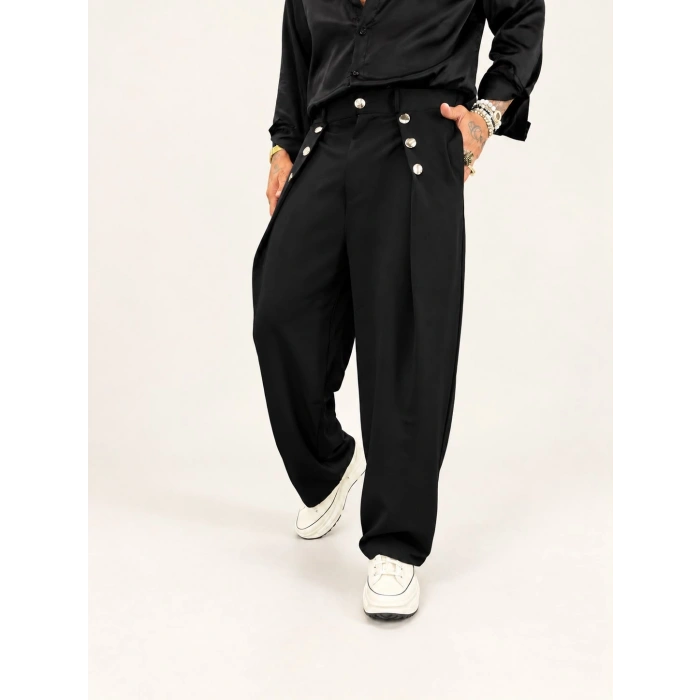 Rose Button Wide Leg Pileli Pantolon Siyah