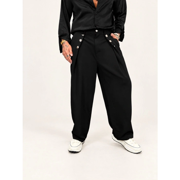 Rose Button Wide Leg Pileli Pantolon Siyah