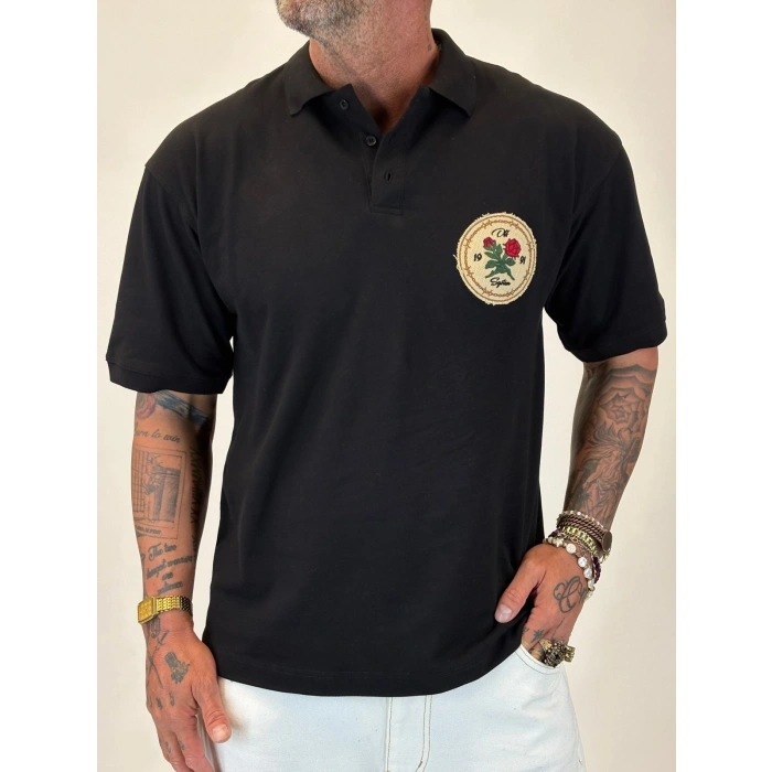 Rose Polo Yaka T-shirt Siyah