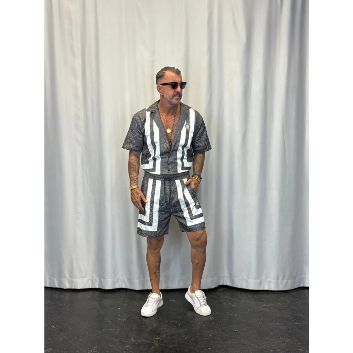 Saten Çizgili Takım Antrasit