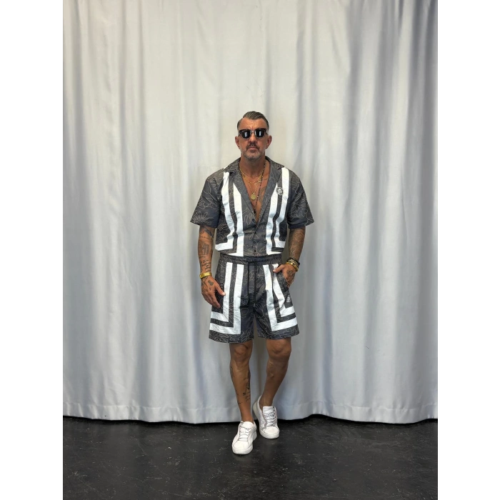 Saten Çizgili Takım Antrasit