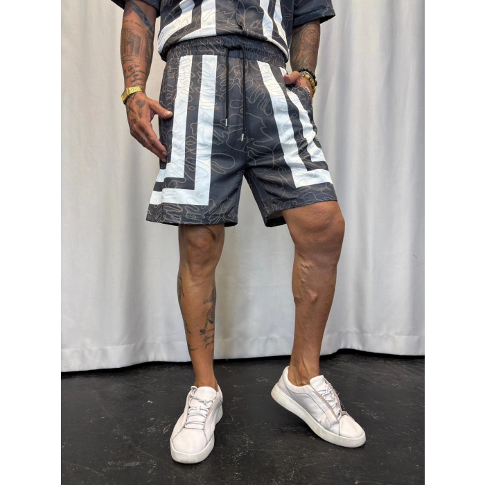 Saten Çizgili Takım Antrasit