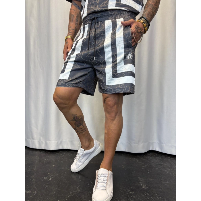 Saten Çizgili Takım Antrasit