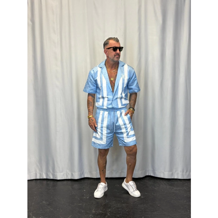 Saten Çizgili Takım Mavi