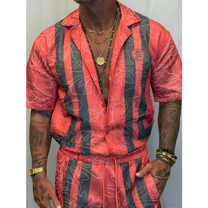 Saten Çizgili Takım Kırmızı