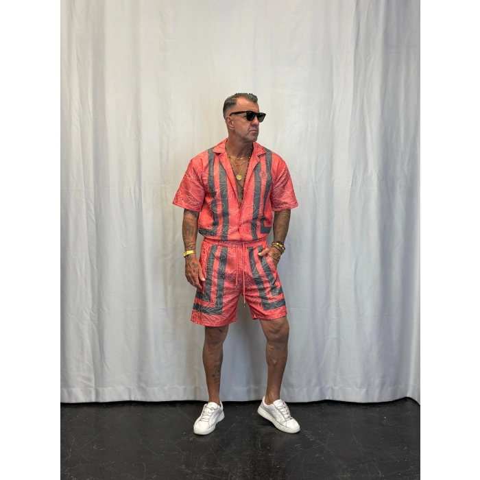 Saten Çizgili Takım Kırmızı