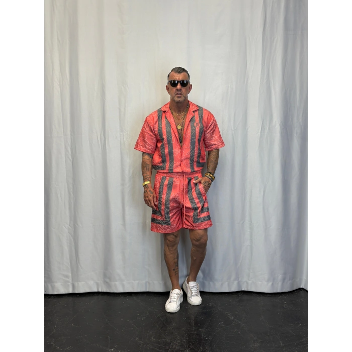 Saten Çizgili Takım Kırmızı