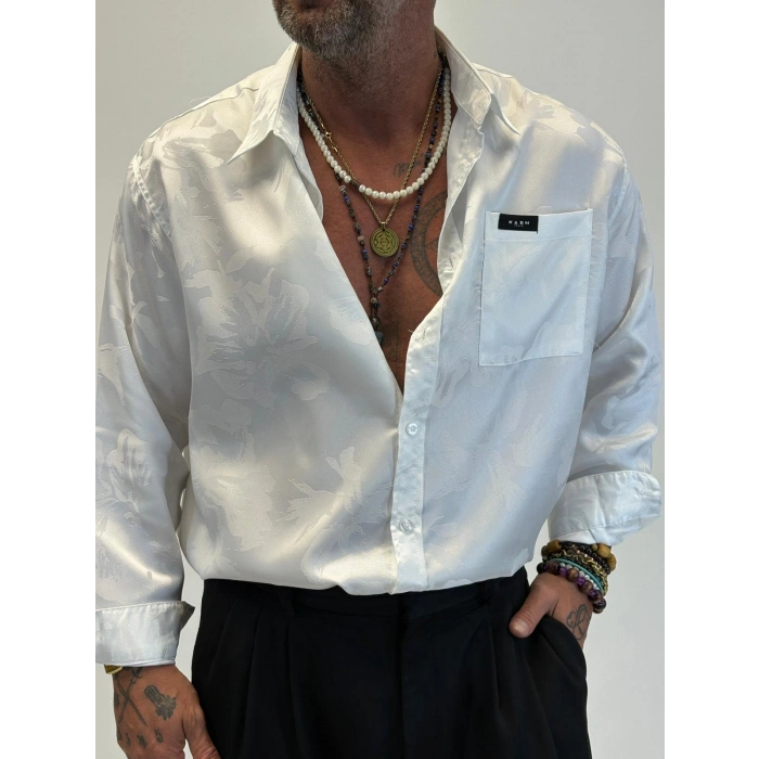 Saten Jakarlı Gömlek Beyaz