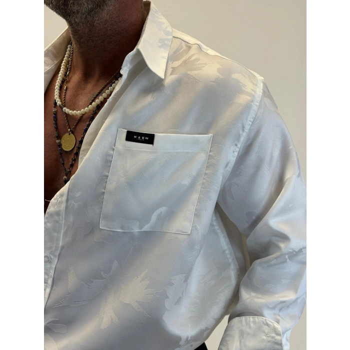 Saten Jakarlı Gömlek Beyaz