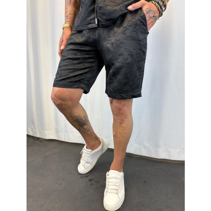 Saten Yazılı Şort Takım Siyah