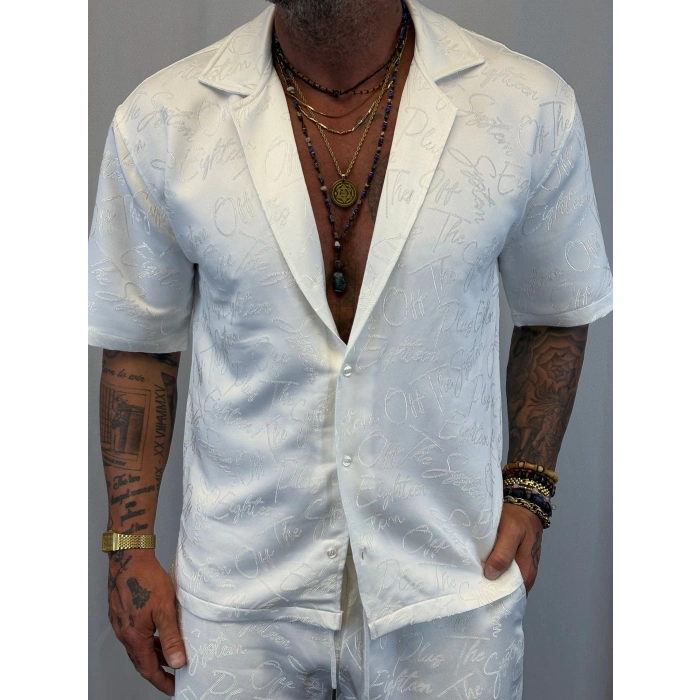 Saten Yazılı Şort Takım Beyaz