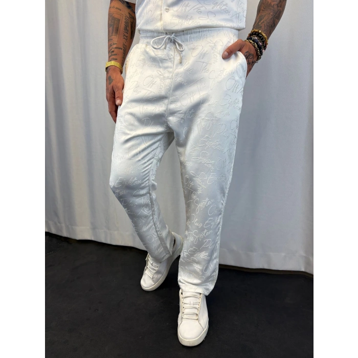 Saten Yazılı Takım Beyaz