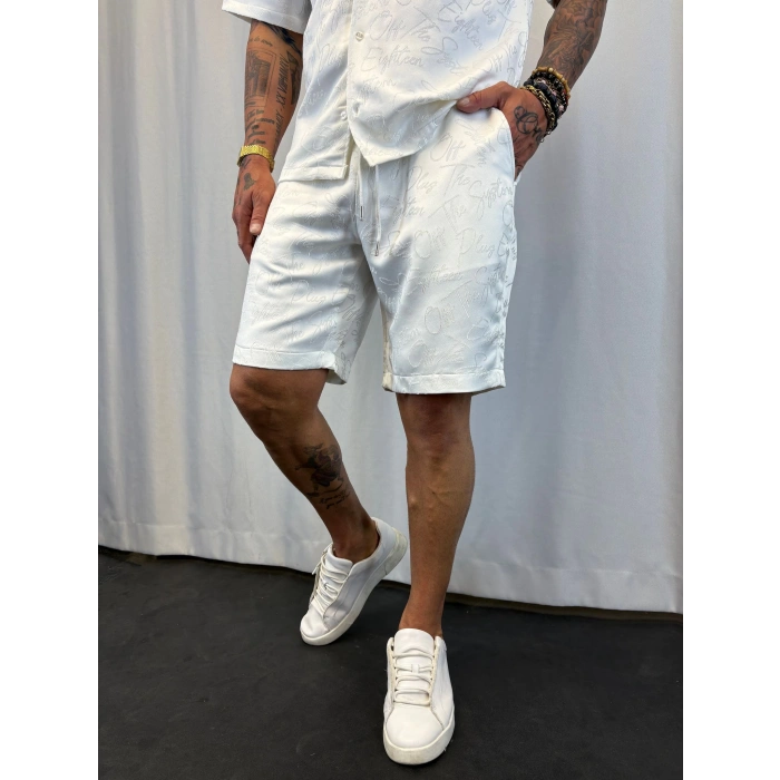 Saten Yazılı Şort Takım Beyaz