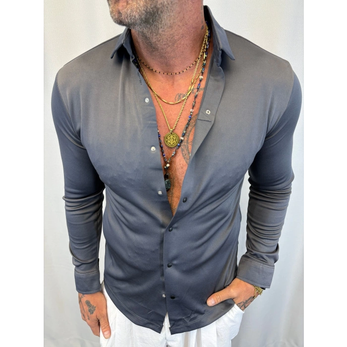 Satenli Likralı Gömlek Gri