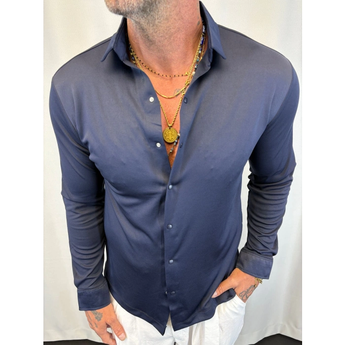 Satenli Likralı Gömlek Lacivert