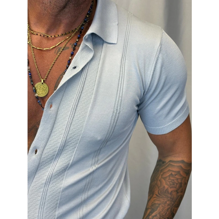 Slim Çizgili Triko Gömlek Gri