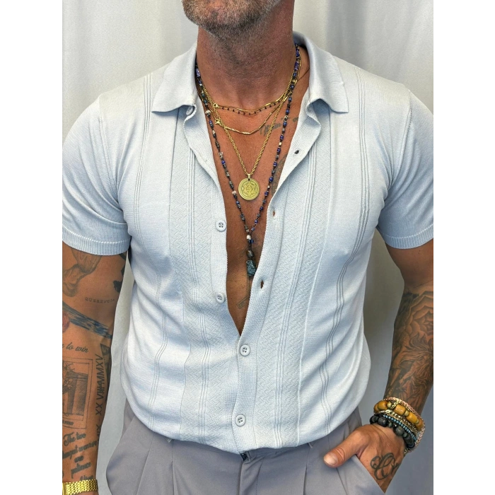 Slim Çizgili Triko Gömlek Gri