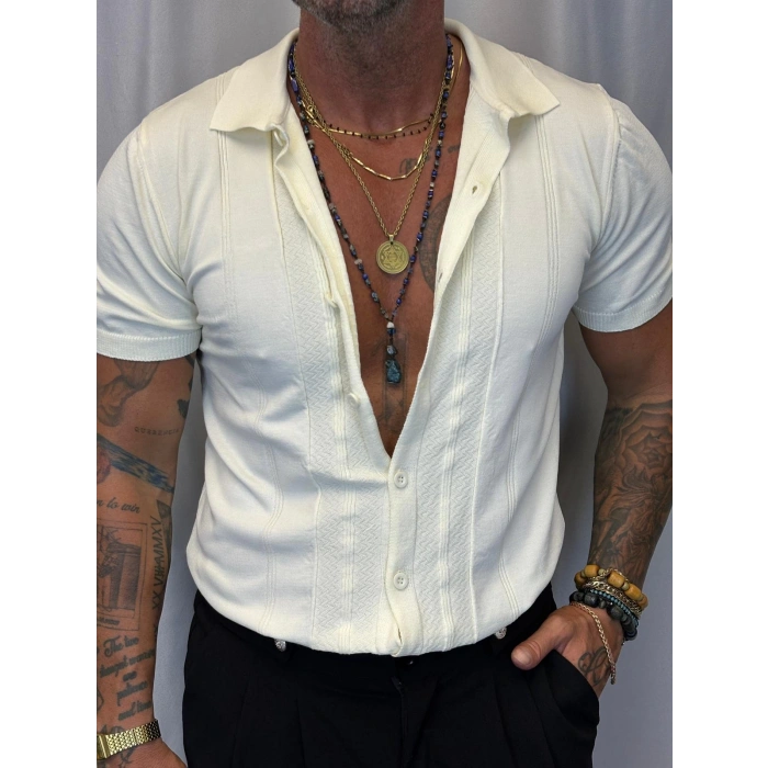 Slim Çizgili Triko Gömlek Krem