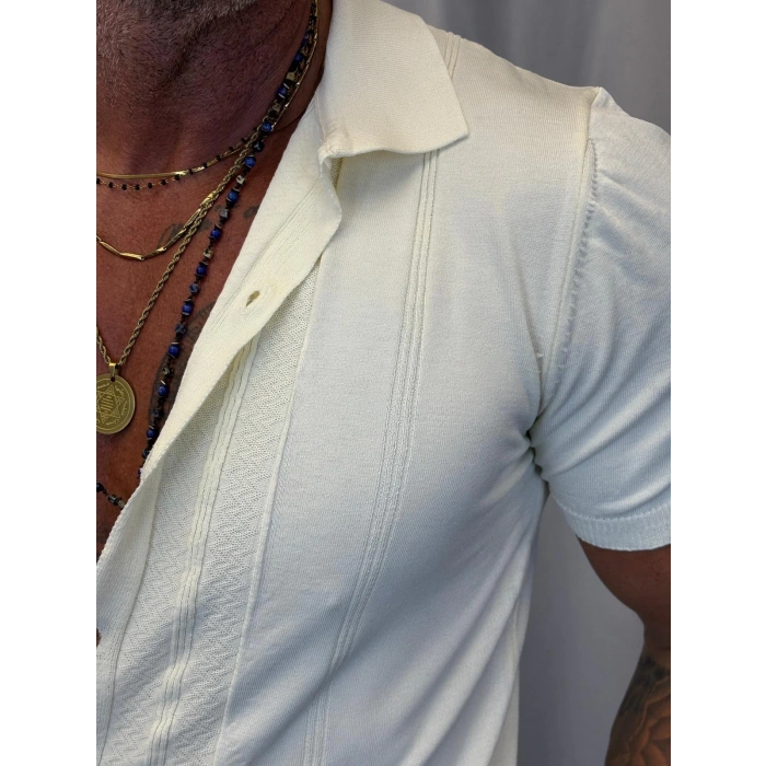 Slim Çizgili Triko Gömlek Krem