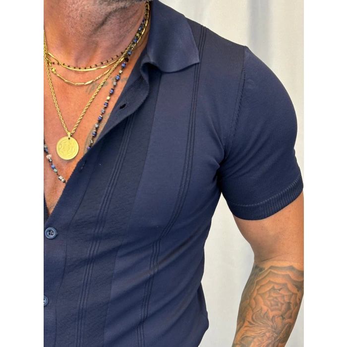 Slim Çizgili Triko Gömlek Lacivert