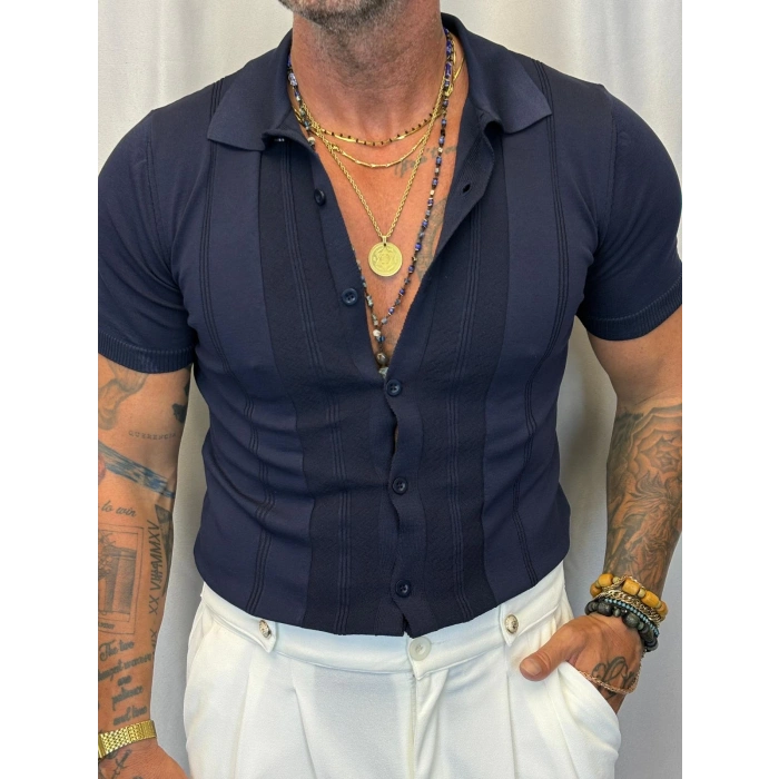 Slim Çizgili Triko Gömlek Lacivert