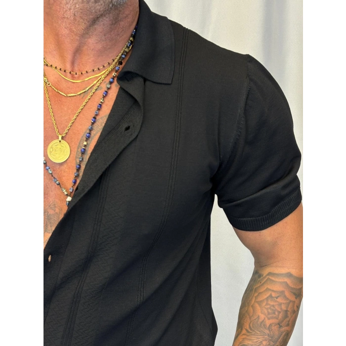 Slim Çizgili Triko Gömlek Siyah