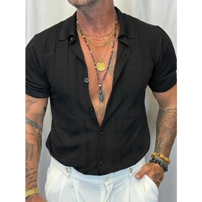 Slim Çizgili Triko Gömlek Siyah