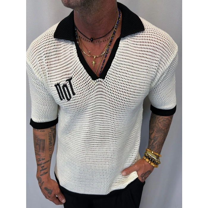 Triko Akrilik 99 V Yaka T-Shirt Beyaz - Siyah Yaka