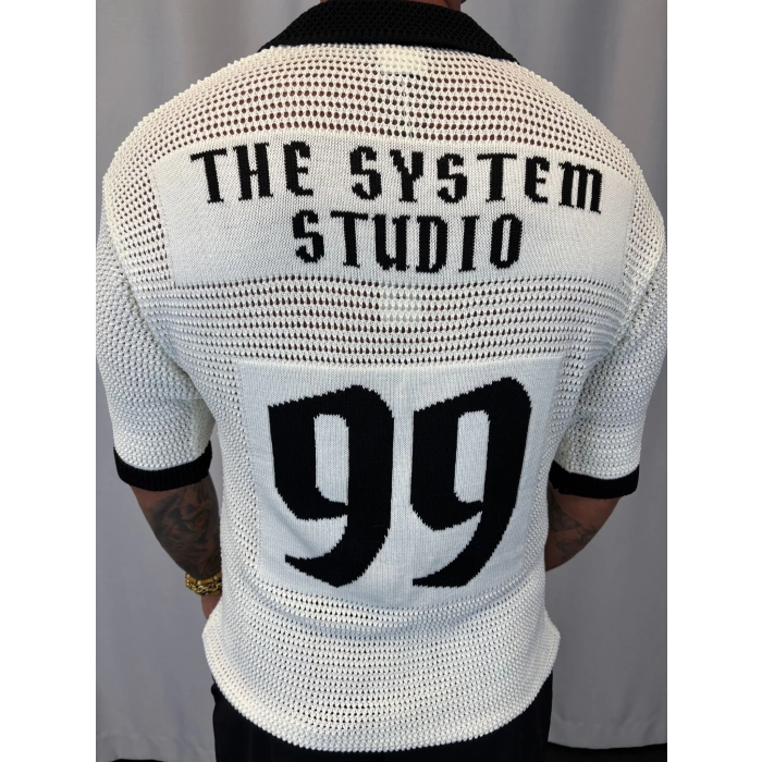 Triko Akrilik 99 V Yaka T-Shirt Beyaz - Siyah Yaka