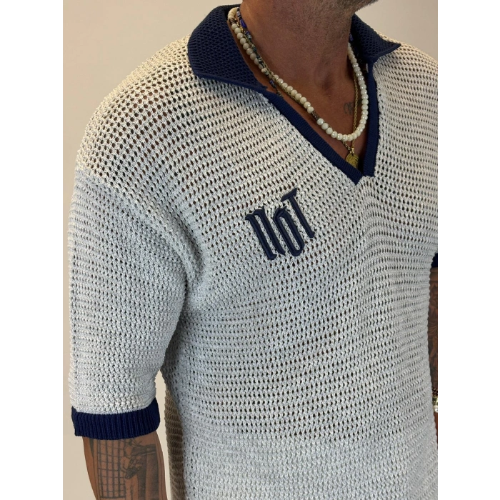 Triko Akrilik 99 V Yaka T-Shirt Beyaz - Mavi Yaka
